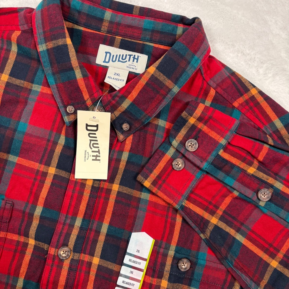 NEW Duluth Trading Free Swingin Flannel Shirt Men 2XL Red Teal Plaid Relaxed